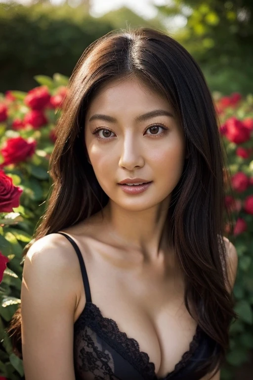 8k photos of beautiful Japanese women, Dark Light, Black, Blowing in the Wind ,highlighting her beauty on her face, Iris, In full color, Beautiful Face、Very detailed, , soul, Digital Illustration, Approaching perfection, dynamic, Very detailed, Fascinating vintage-inspired photos、It captures a sensual woman who exudes grace and charm.。. Her fiery red hair is intricately styled, Her delicate hair frames her charm., Captivating smile. She is wearing seductive lace lingerie with an intricate deep neckline., Upholstered with leather and fine lace. background, Rendered with soft focus, A romantic garden filled with vibrant roses and flowers, sakimichan, oh! scowl,smelling, annoyed, sad, sleepy, grimace, endured face