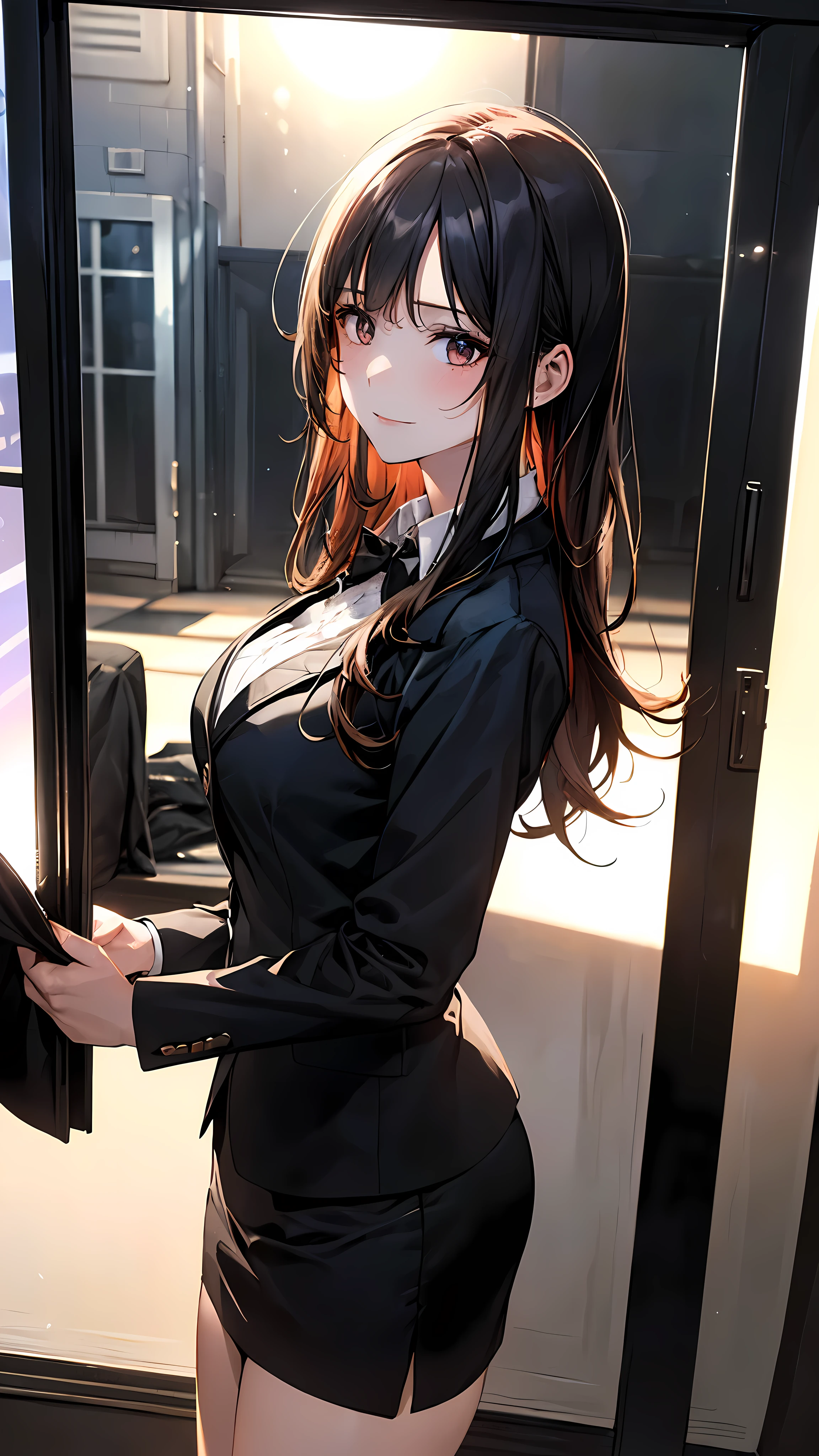 (masterpiece:1.2, Top quality), (Practical, photoPractical:1.4), Nice illustration, (Natural side light, Movie Lighting),
Looking at the audience, 1 girl, Perfect face, Perfect body, White shirt,Black jacket,Black Blazer,Black skirt,Perfect thighs,Sexy body,Show your thighs,Red long hair,Big breasts,Background in the office
