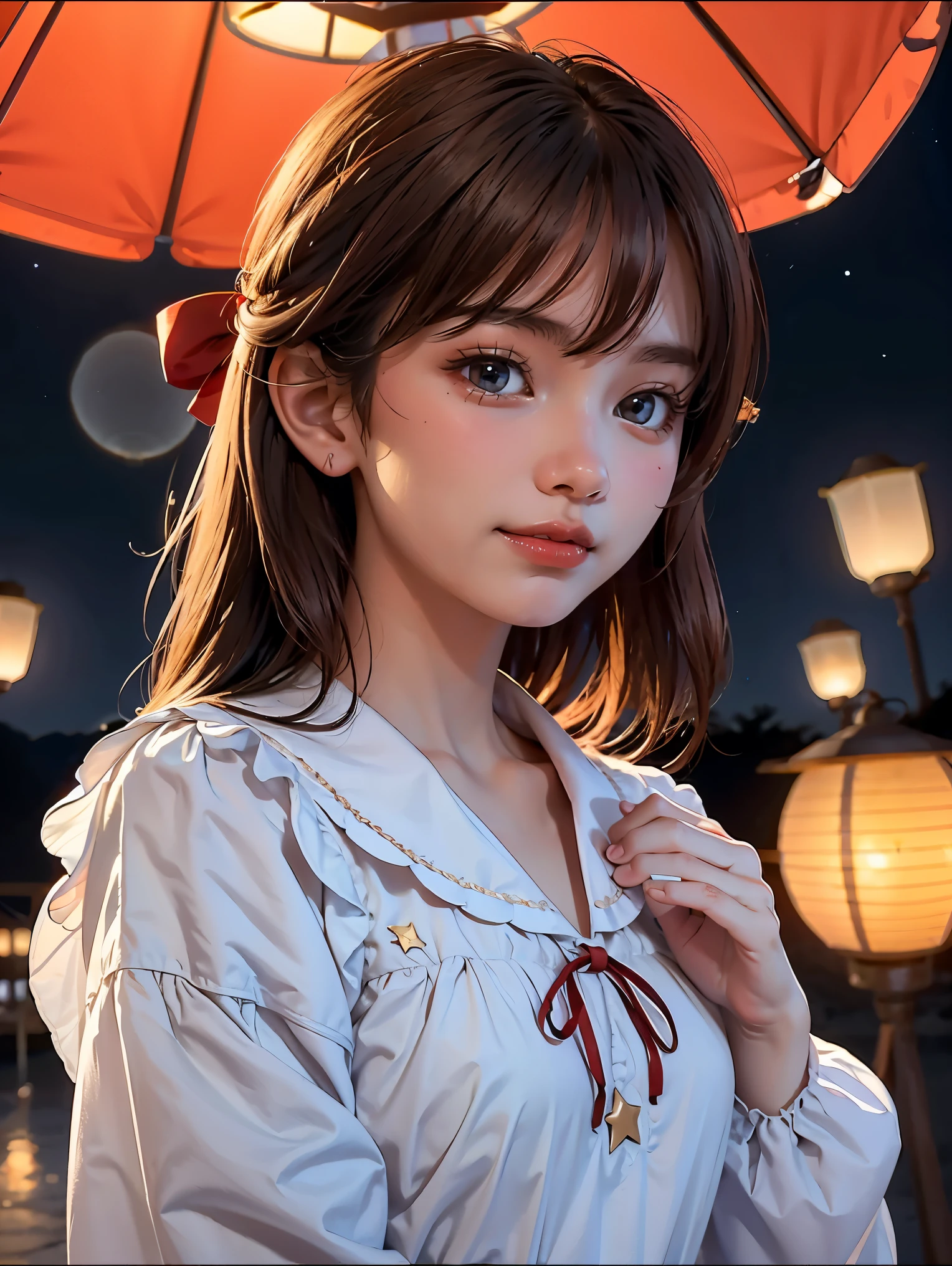 (extremely delicate and beautiful: 1.2), 1girl, bangs, blue eyes, blur, blur background, bow, brown hair, shut up, side view, hair between eyes, hair bow, lantern, light particles, long sleeves, look looking at audience, medium hair, night, red bow, solo, stars(symbol), upper body, smile, red lips
