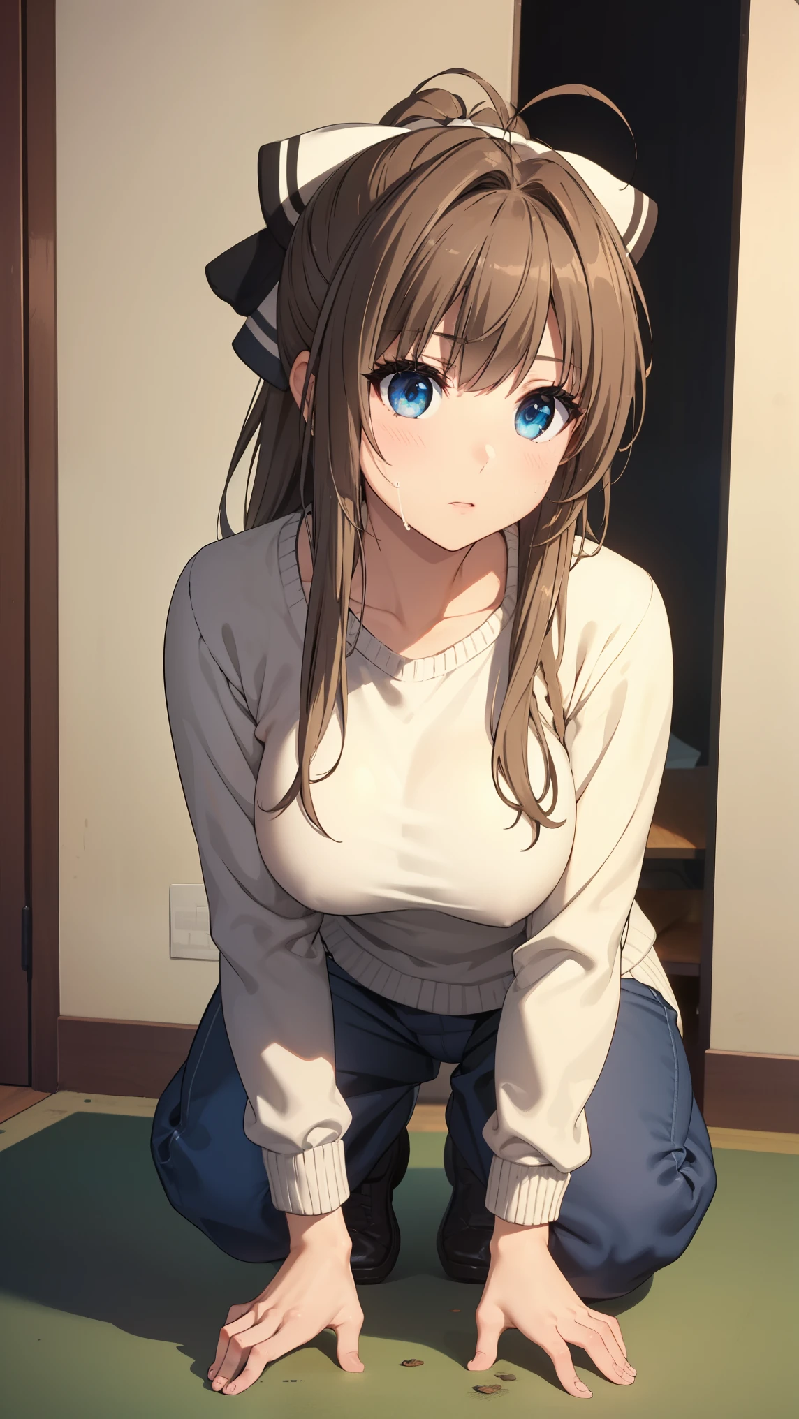 SentoIsuzu,brown hair, brown eyes, long hair, antenna hair, ponytail, hair bow,large breast,
BREAK (white sweater, shirt, pants:1.2),
BREAK indoors, clinic,
BREAK is on the whole body、The whole body is dirty with yogurt、peeing herself、One woman pulling up her skirt、Wet、Heart and white panties、crouching down,
BREAK (masterpiece:1.2), best quality, high resolution, unity 8k wallpaper, (illustration:0.8), (beautiful detailed eyes:1.6), extremely detailed face, perfect lighting, extremely detailed CG, (perfect hands, perfect anatomy),