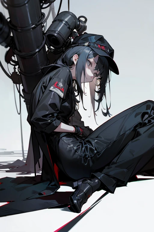 masterpiece, (A hopeless biopunk horror), Dark Anime Girl, Grey Eyes, Strict and long closed clothes, Shiny black cap, Black long pants, A lot of ash,, Highly detailed art