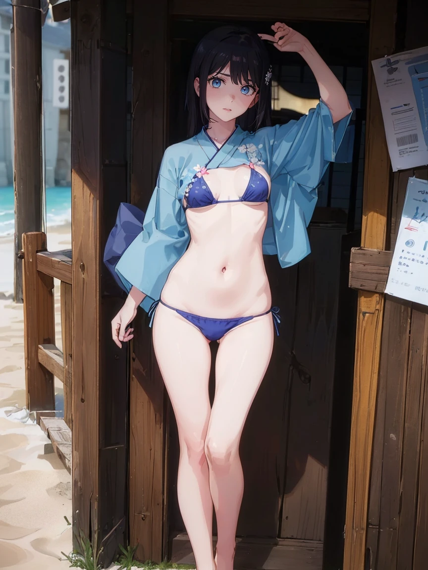 woman,Full body photo, ((on the beach. ))) Best image quality, high quality, The background is clear,きれいなwoman, Japanese, detailed, detailed eyes, detailed skin, Beautiful Skin, 超High resolution, (reality: 1.4),とても美しいwoman, A younger face, Beautiful Skin, thin, (Ultra-photorealism), (High resolution), (8k), (非常にdetailed) (Beautiful and detailed eyes), (非常にdetailed), (detailed face), Displaying the viewer, Fine details, detailed face, Staring straight ahead, Staring straight ahead, Photo Real, Baby Ftyle: short hair,smile,(((The top is a Japanese yukata、The bottom is blue bikini, belly button、,)))(Flat chested,)(((flat chests,)))((smile,))((standing,))hair over one eye, from below,