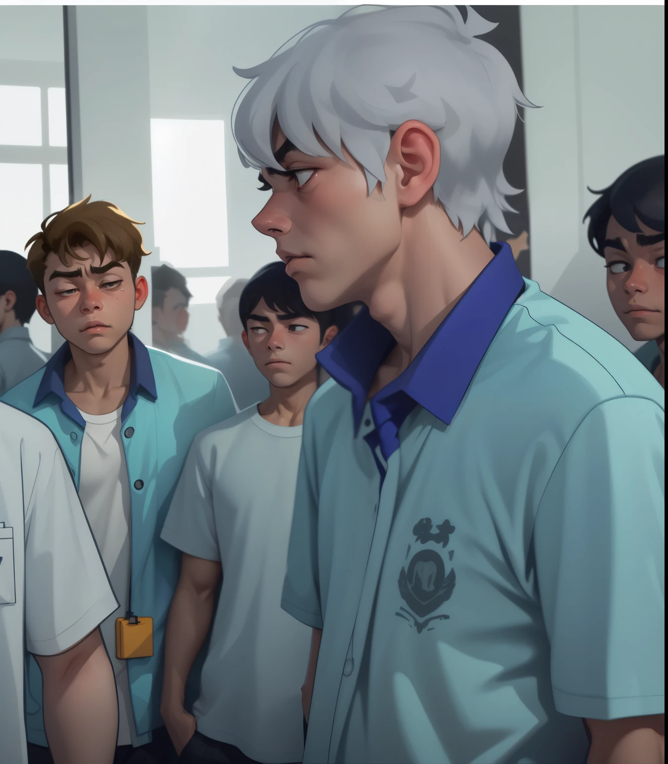 The young 17-year-old man with gray hair is sad and upset.