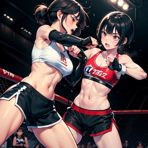 Cute Japanese high school girl with short-cut black hair is punching an opposing female athlete during a match in a women's mixed martial arts ring, impatient, slender body, out of breath with mouth open, very sweaty and soaked, poor body, small breasted sports bra, high leg shorts, open finger gloves