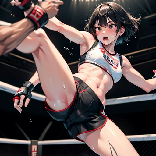 Cute Japanese high school girl with short-cut black hair is punching an opposing female athlete during a match in a women's mixed martial arts ring, impatient, slender body, out of breath with mouth open, very sweaty and soaked, poor body, small breasted sports bra, high leg shorts, open finger gloves