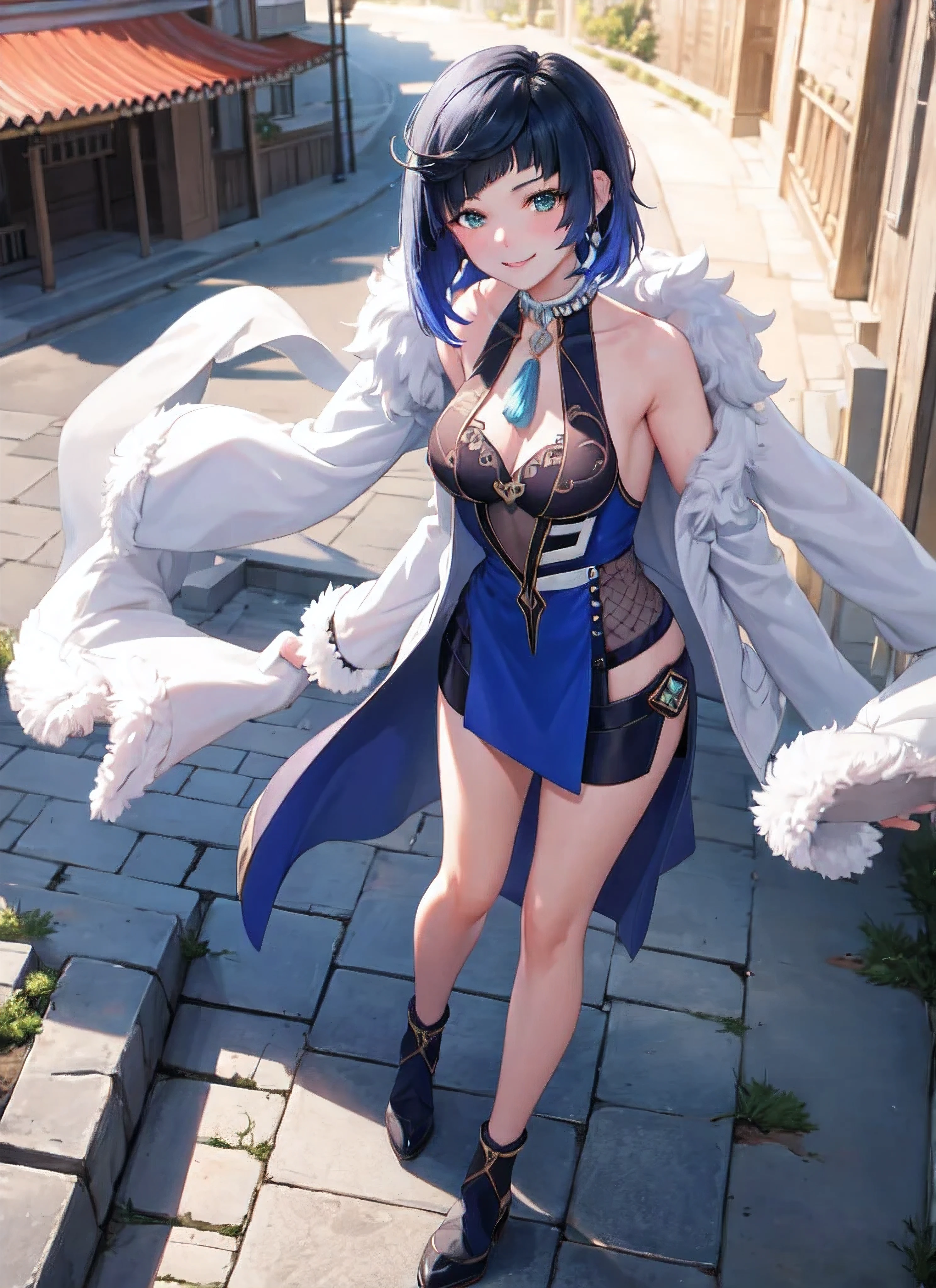 High Quality, Masterpiece, 1girl, isekgiyelan, tongue out opened mouth, whole body shot, medium sized breasts, bent over, fur coat, slight nudity, seductive pos