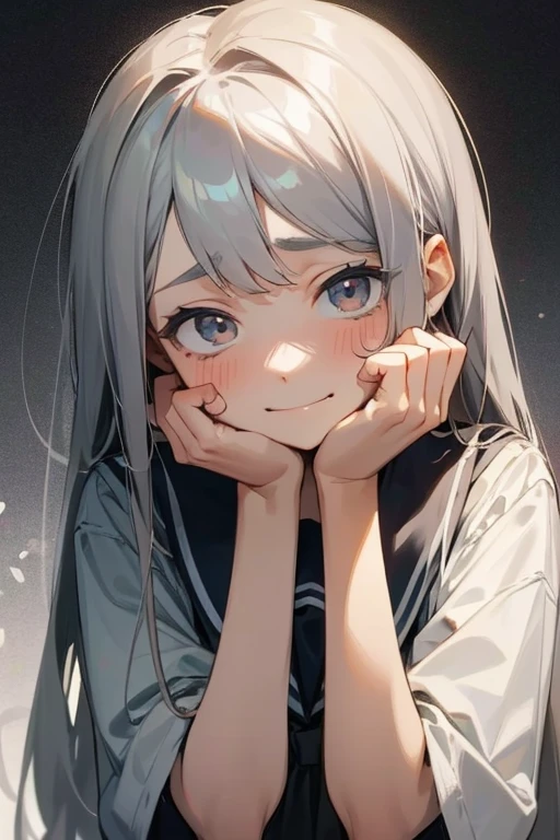 Worried face，Hands on the chin，worry，Gray Hair，Long Hair，Primary school students，Droopy eyes，smile，girl，Troubled face，9 years old