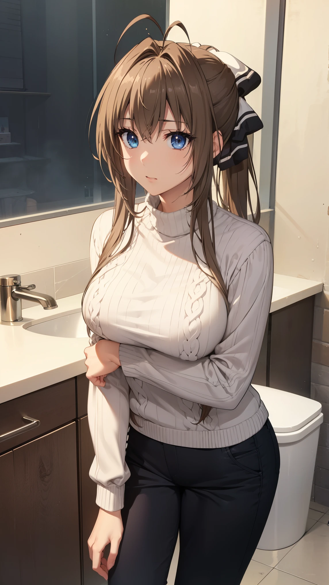 SentoIsuzu,brown hair, brown eyes, long hair, antenna hair, ponytail, hair bow,large breast,
BREAK (white sweater, shirt, pants:1.2),
BREAK Sexy woman opening legs at M,Panchira、Dig into the crotch、Beautiful woman、Yogurt is poured all over the body and gets dirty、Ruined restroom、drooing eyes、glares,
BREAK (masterpiece:1.2), best quality, high resolution, unity 8k wallpaper, (illustration:0.8), (beautiful detailed eyes:1.6), extremely detailed face, perfect lighting, extremely detailed CG, (perfect hands, perfect anatomy),