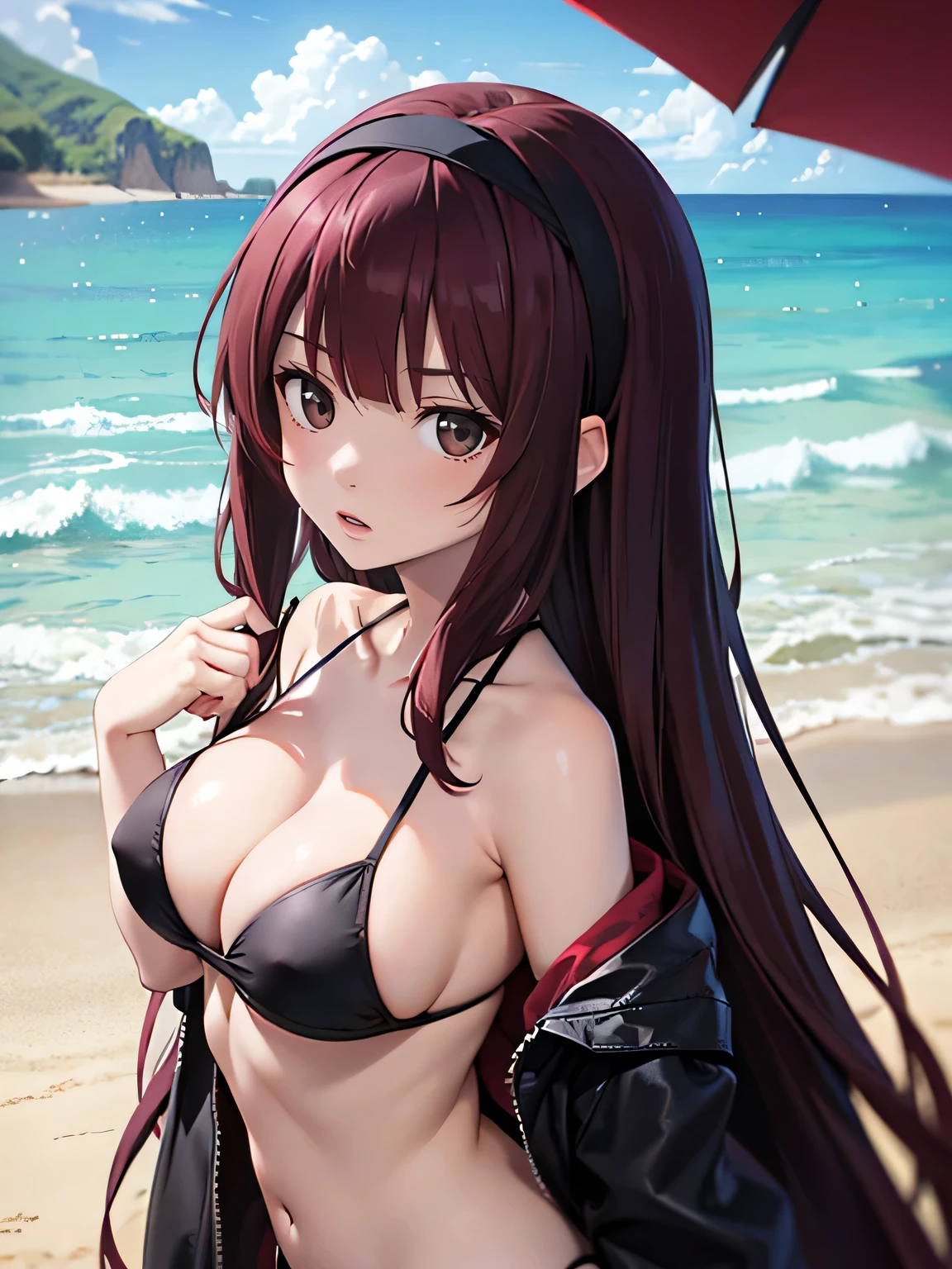 Burgundy hair, long hair, medium chest, red floaty, light gray eyes, sharp eyes, bangs, black hairband, biridere, straight face, large chest, sharp irises, outside, day, black swimsuit, tall, beach, black bikini, large breasts