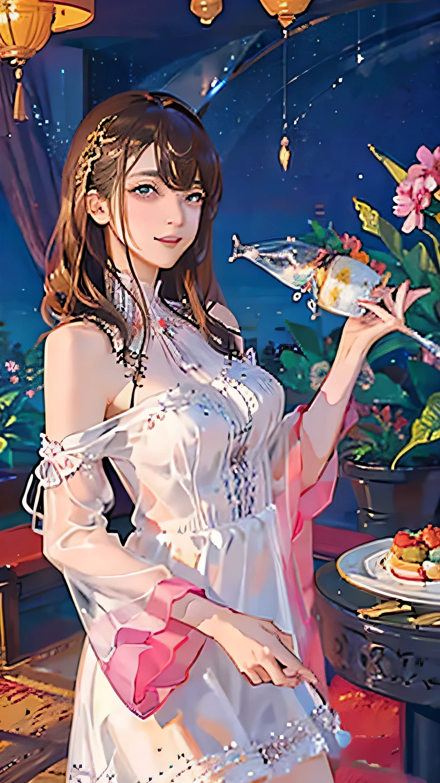 ((masterpiece:1.2, Best quality)), Ultra Verbose, Ultra-precise description, Ultra-detailed description, (Dynamic pose), (Prom background:1.5),(There are a lot of people in suits and dresses in the background)(night) lamplight,(traditional attire:1.2), Short hair,1lady,Hair over the shoulder,long way hair,Wave head,(Evening dress),The hips are wide,largebreasts,(glossy skin),many colors,Upper Bust,red wine,Light and shadow reflection,dinner table,standup,Holding a wine glass,Look at the front,seen from above,