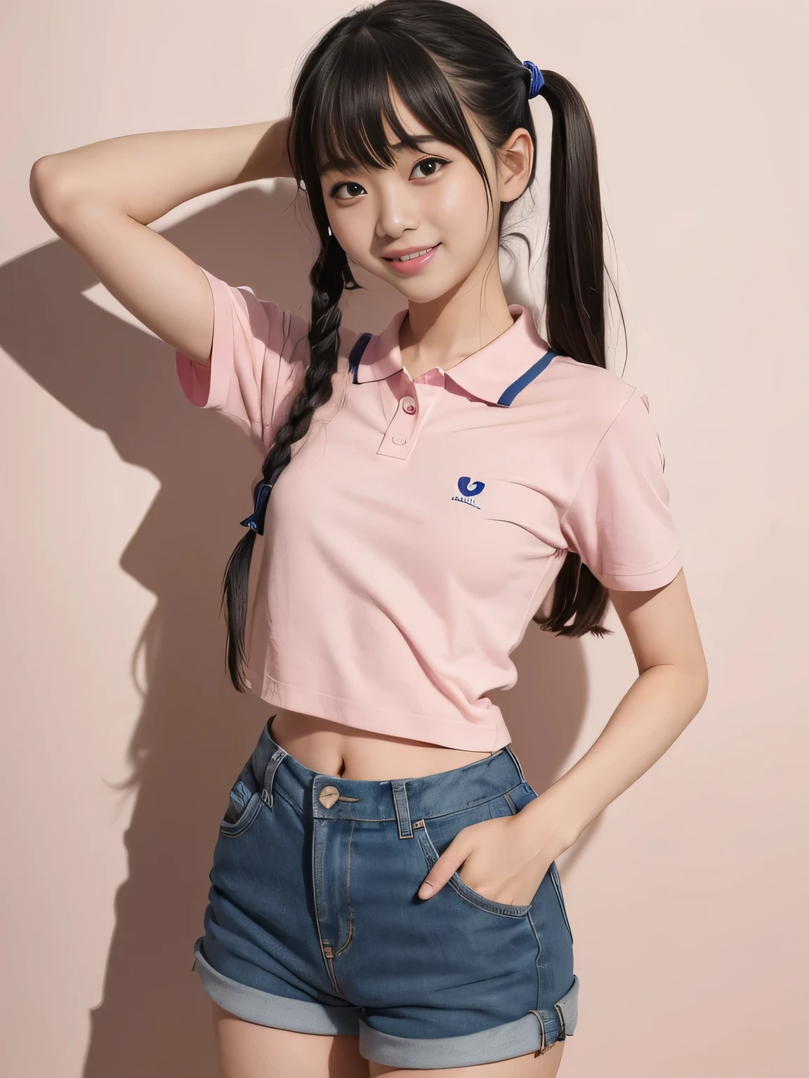 one person、one person、 A 20-year-old high school girl posing for a photo in a blue polo shirt and navy blue shorts、victory、Tsundere、smile、Saucy、Twin tails、small、Slim girl model photo、body:Female Model、Japanese female fashion model、(8K、Raw photo、Best image quality、masterpiece:1.2)、(Genuine、photoGenuineistic:1.37)、Ultra-high resolution、Ultra-high resolution、Standing position、whole body、((((sexy)))、Pink wall、Shapely small breasts