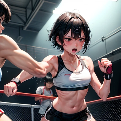 Cute Japanese high school girl with short-cut black hair is punching an opposing female athlete during a match in a women's mixed martial arts ring, impatient, slender body, out of breath with mouth open, very sweaty and soaked, poor body, small breasted sports bra, high leg shorts, open finger gloves