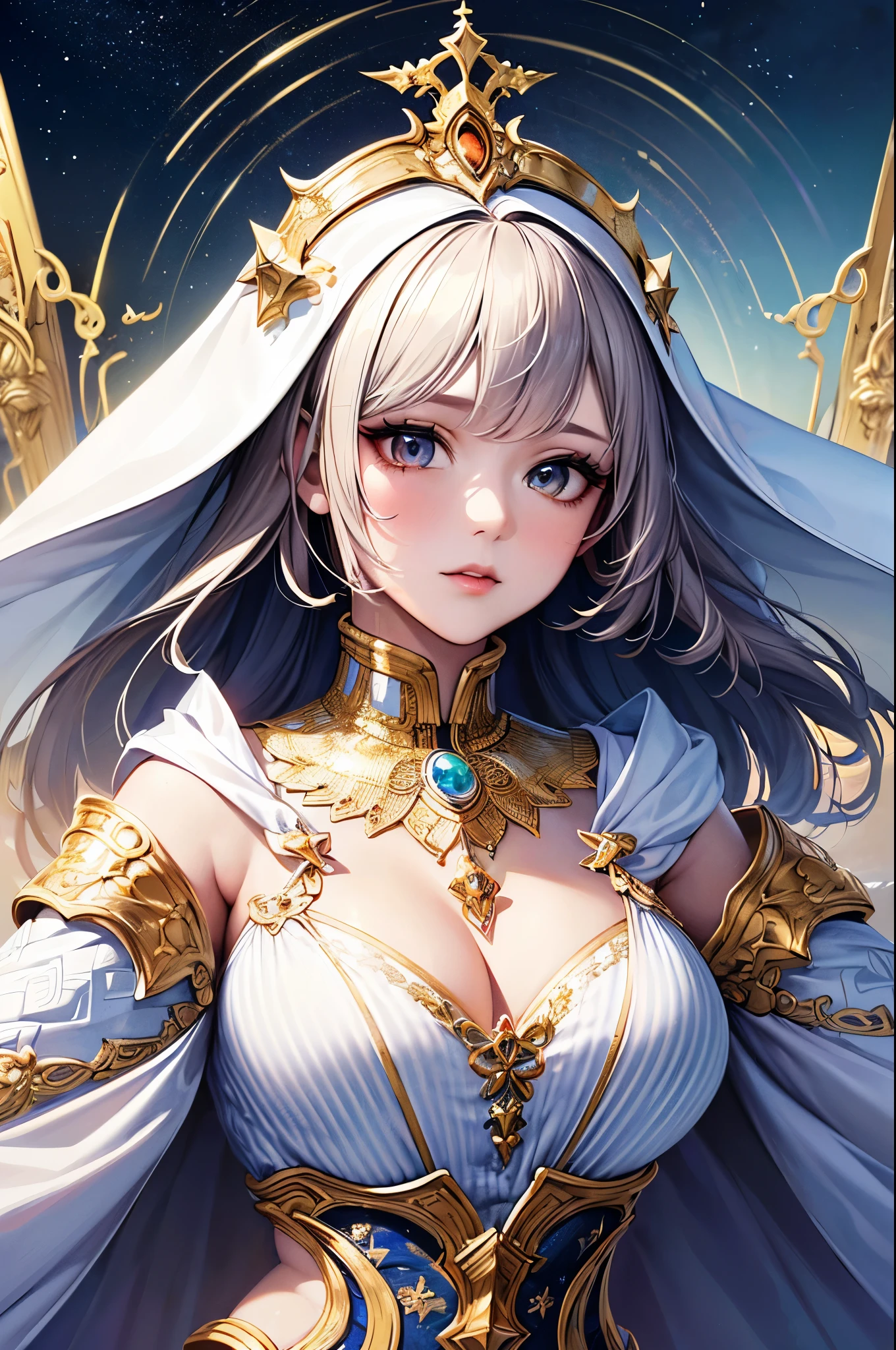 (masterpiece, highest quality, highest quality, Official Art, beautifully、aesthetic:1.2), (One girl), Very detailed, (Fractal Art:1.3), colorful, Most detailed, Perfect Face, Upper Body, High resolution, (pray:1.3), (White cloak, golden lines:1.2), Milky Way, (Streaks of Light), Impressive visuals, (Dynamic stripes, Light trail:1.2), Vibrant colors,