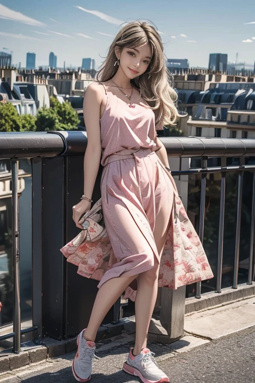 highest quality, Very detailed, masterpiece, 1 person,woman,(((完璧なwomanの体))),Very beautiful face, Very beautiful body,Gentle expression, Very beautiful eyes,(Perfect Makeup:1.1),Fashion Model,Geometric pattern,Argyle Check Pattern,Long Hair,Shaggy Hair,white-blue hair:1.3,Pink hair tips,Very thin body,Smart Abs, camisole,necklace,Long skirt,anklet,running shoes,A kind smile,Full body portrait,(Paris city background:1.3), (Shiny skin),(Earrings),