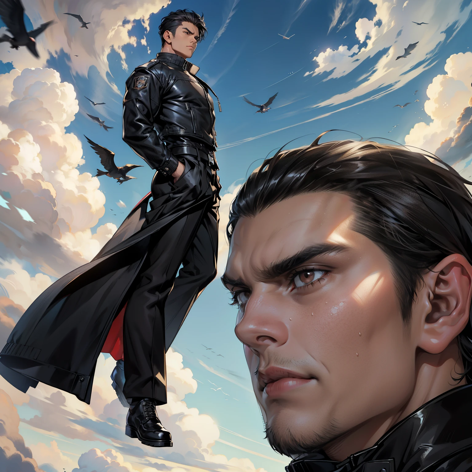 boys 26 Years old, Serious face, brown eyes, ((muscular)), black hair, wearing long lather high neck jacket, black trousers, Black Oxford shoes, ((hands behind his back)), levitates on sky, sky, cloud
