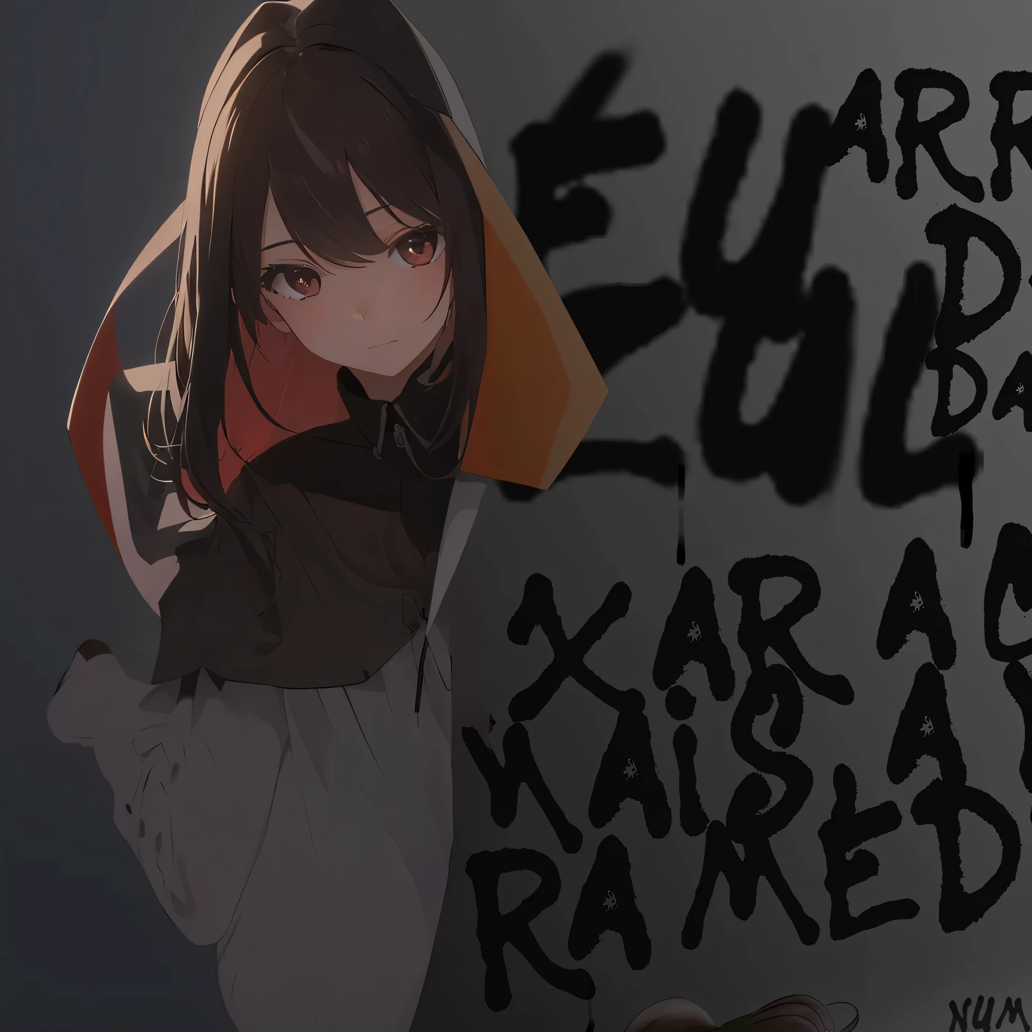 hoodie oversized， big assa， 1girll， tmasterpiece， Best quality at best， full bodyesbian， posed for photo， beautifully color-coded， Tight hip leggings，white backgrounid， Studio， looks away， Covered with a hood，black facemask，Earphone，Marl