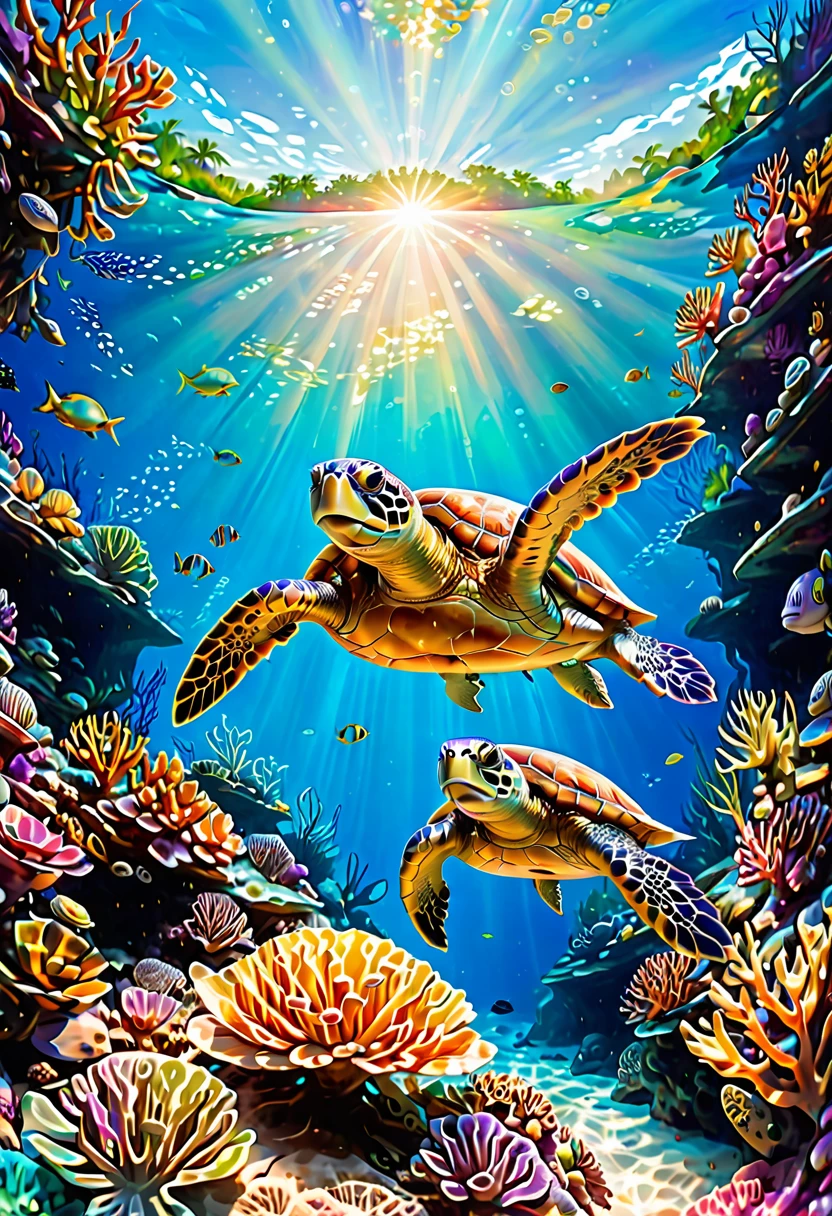 (A diver swims towards a large sea turtle:1.2), lush marine flora, fish, corals, anemones, colourful diversity, turquoise water, sunlight shines brightly on the scenario, God's rays refract on the surface of the water, calm mystical sublime atmosphere,