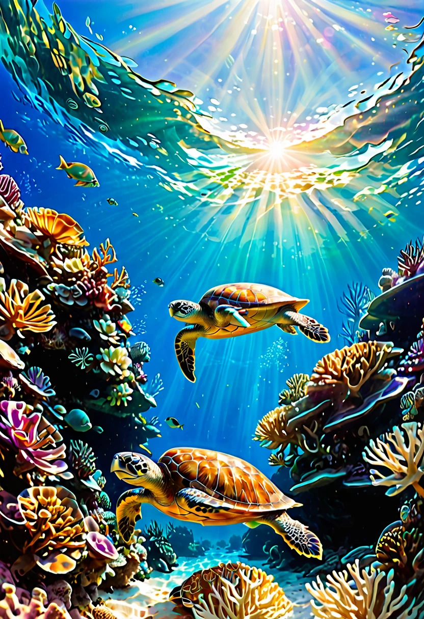 (A diver swims towards a large sea turtle:1.2), lush marine flora, fish, corals, anemones, colourful diversity, turquoise water, sunlight shines brightly on the scenario, God's rays refract on the surface of the water, calm mystical sublime atmosphere, 