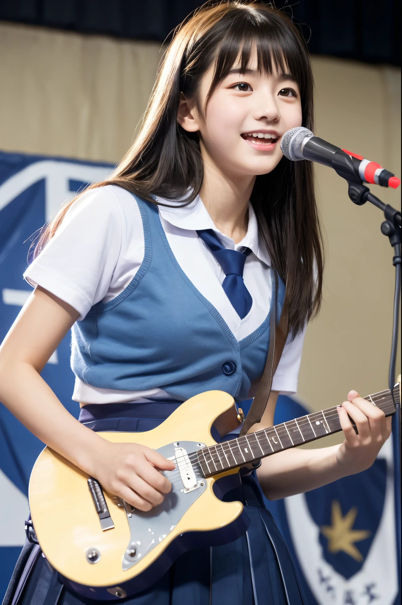 アイドルのようにvery cute、Cute and adorable、16歳のYoung faceのhigh school student少女, Young face、very cute、Smiling Kindly、Live at the high school cultural festival、High School Uniform、High はCleavageが見えるデザイン、Cleavage、Singing on the gymnasium stage、In front of the students、Full body portrait、 Natural light、Accurate、Anatomically correct、Textured skin、Super Detail、 Attention to detail、highest quality、High resolution、Real、realism、Raw photo、Genuine、masterpiece、Guitar Heroine、high school student、Live at the gym