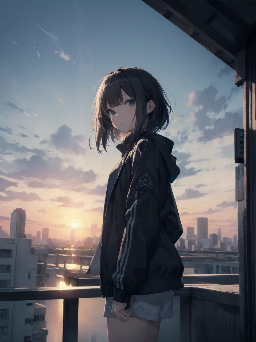 Ninja... Cool and... fast.！God Quality,  Anime Moe Art Style,Best Anime 8K Konachan Wallpaper,Amazing anime 8k,Perfect Anatomy, (Please draw a picture of a ninja girl looking down on the city from a rooftop..)From above at an angle,Dutch Angle,break, One girl is a ninja, (alone,,,13 years old:1.3), The charm of androgyny, (Very short hair, Blunt bangs), Complete limbs, Full Finger,Flat Chest, Small Ass, between legs, Beautiful black eyes in 8k detail, 
Light clothing, Ninja costume, Shorts, Ninja scarf fluttering in the wind, Stand on the roof of a skyscraper. break, I am on a mission.。Would enjoy...。Very detailed,High resolution,Very detailed肌, Professional Lighting, (cool illustration:1.2),