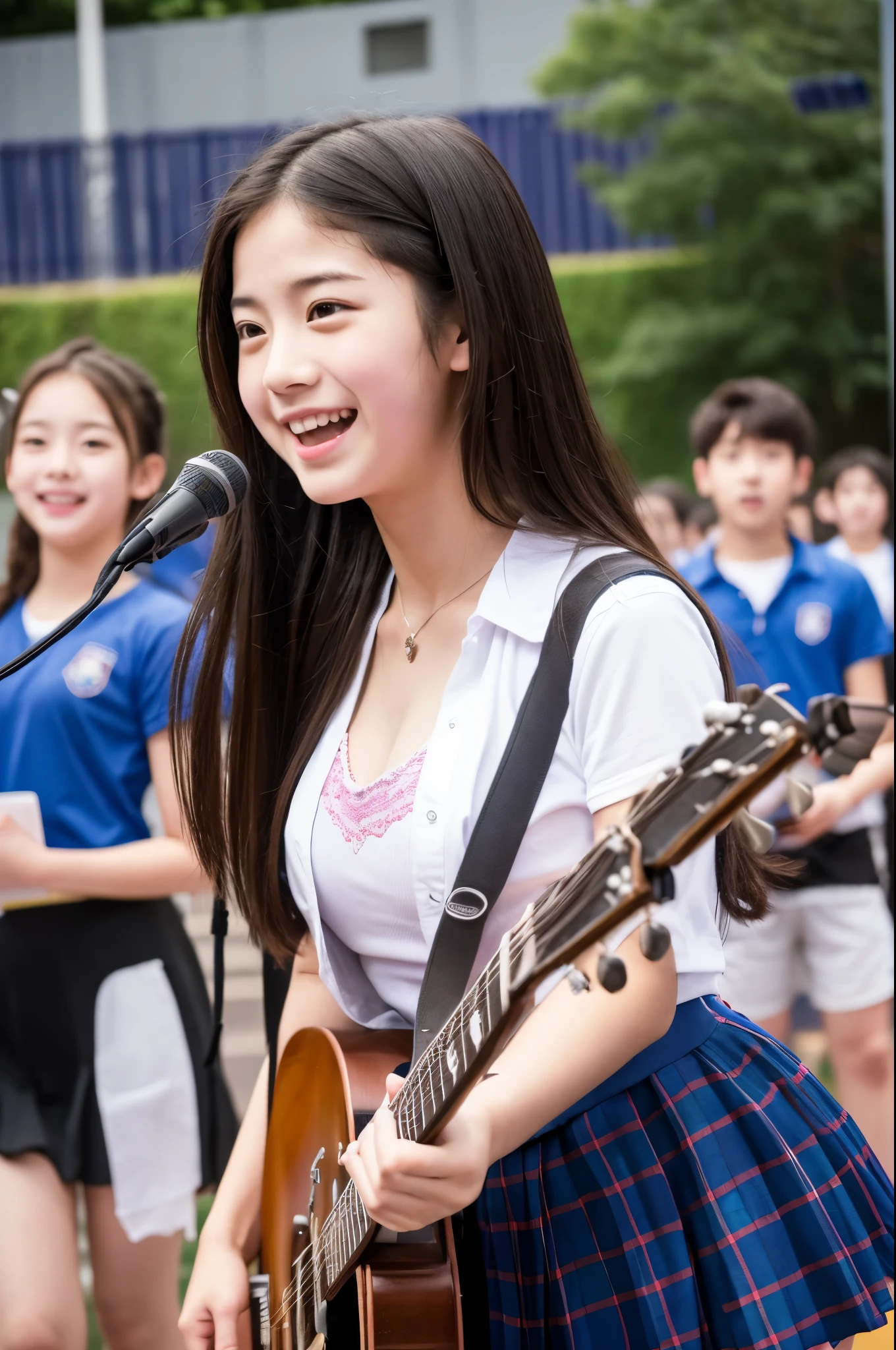 アイドルのようにvery cute、Cute and adorable、16歳のYoung faceのhigh school student少女, Young face、very cute、Smiling Kindly、Live at the high school cultural festival、High School Uniform、High はCleavageが見えるデザイン、Cleavage、Singing on the gymnasium stage、In front of the students、Full body portrait、 Natural light、Accurate、Anatomically correct、Textured skin、Super Detail、 Attention to detail、highest quality、High resolution、Real、realism、Raw photo、Genuine、masterpiece、Guitar Heroine、high school student、Live at the gym