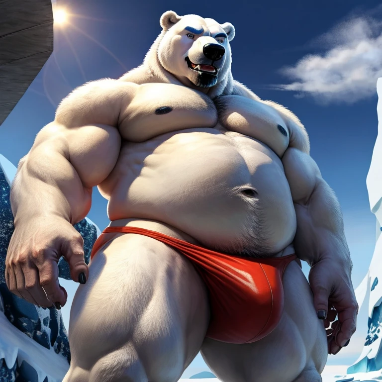 ((Polar Bear)), white teeth, ((standing)), saliva, (((white)) furred body)), ((dominant)), ((intimidating)), dilf, Daddy, father figure, mature male, hunk, pecs, ((crotch focus)), ((Antarctica)), ((very detailed background)), ((very detailed lighting)), ((very detailed hands)), ((well drawn hands)), ((very detailed crotch)), ((very detailed fur texture)), ((very detailed)), very high resolution, very high quality, detailed speedo, big underwear bulge