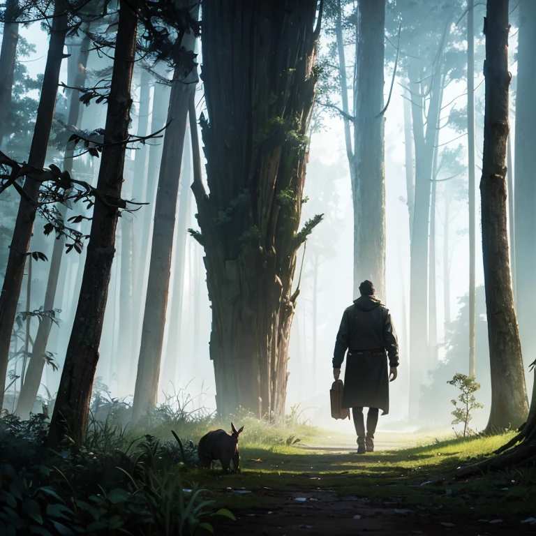 Hay un hombre solo caminando por el bosque con una mochila., casa antigua, stefan koidl inspirado, bussiere rutkowski andreas rocha, por maxim verehin, inspired por maxim verehin, inspirado en Tomasz Jedruszek, dark cinematic concept art, haunting and nostalgic conceptual art, inspirado por Igor Kieryluk, inspirado en Ismail Inceoglu