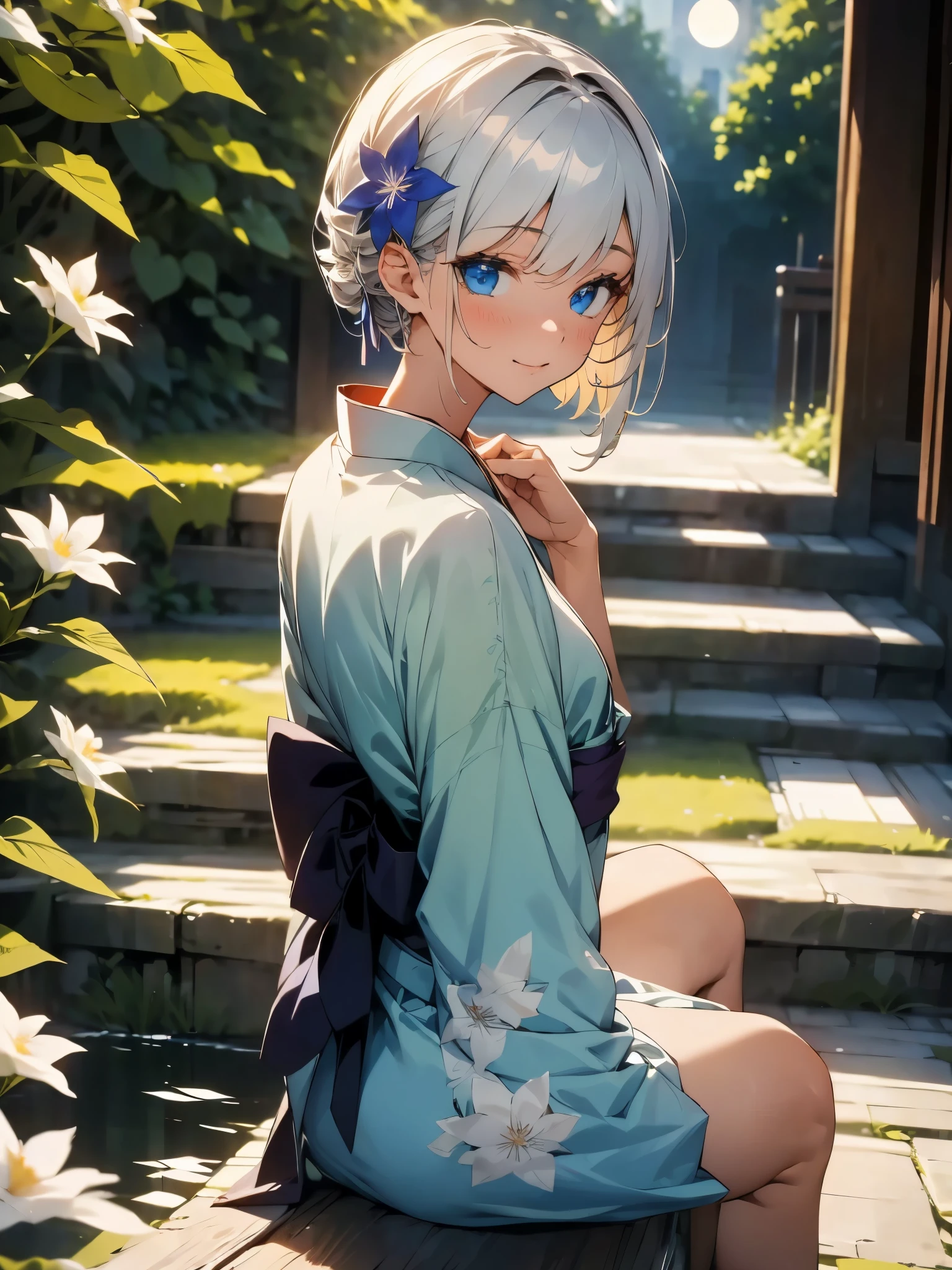 masterpiece, highest quality, perfect detail, super definition
Sitting on porch, back view, beautiful girl, 20 years old, one woman turning around, silver hair, hair ornament, light blue eyes, light blue kimono with flower pattern, flower ornament, pond, moonlight, 8K
