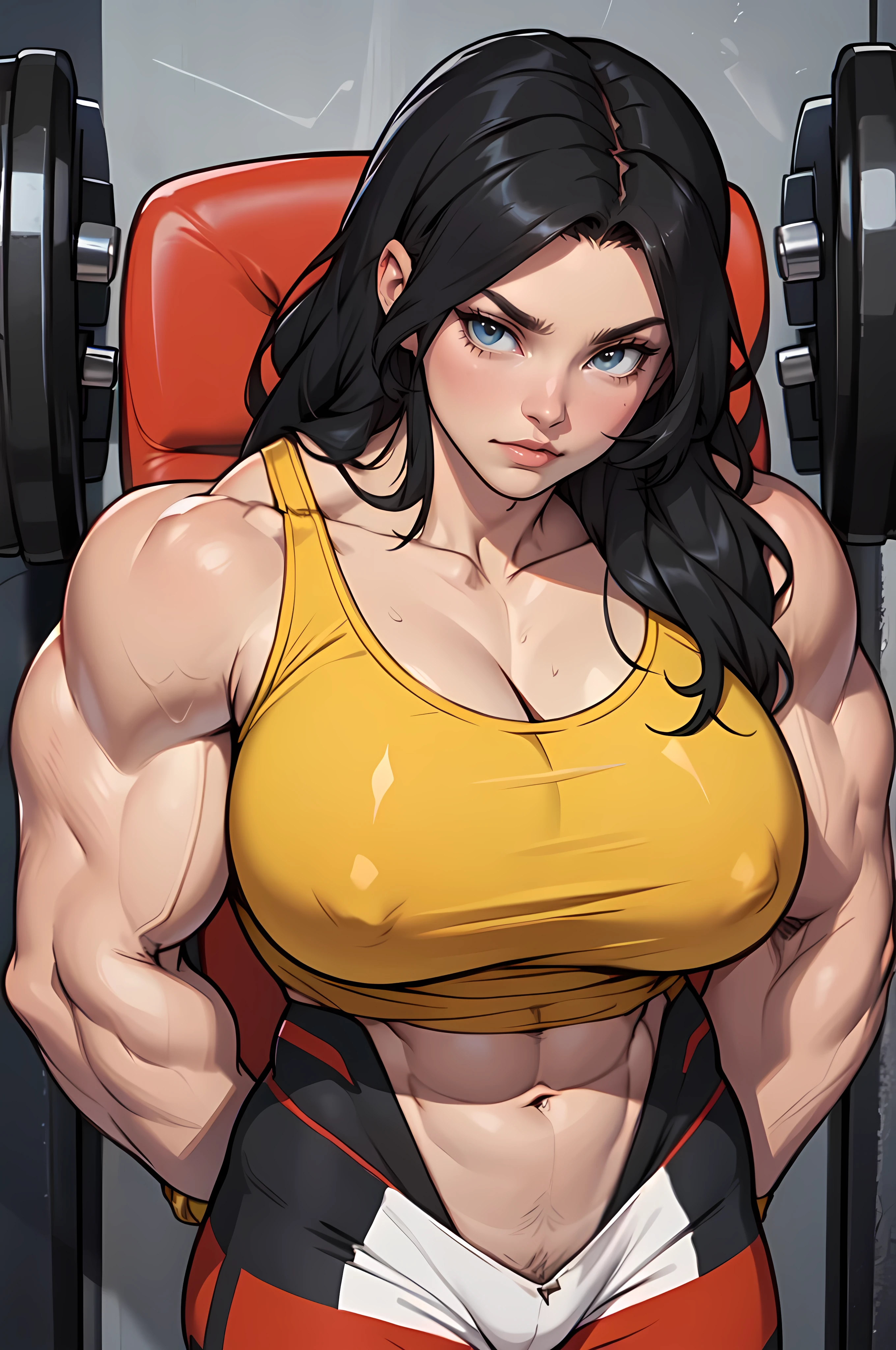 (huge massive breasts) pale skin very long hair black hair yellow eyes ((((((1 girl)))))) (((((massive female bodybuilder)))))