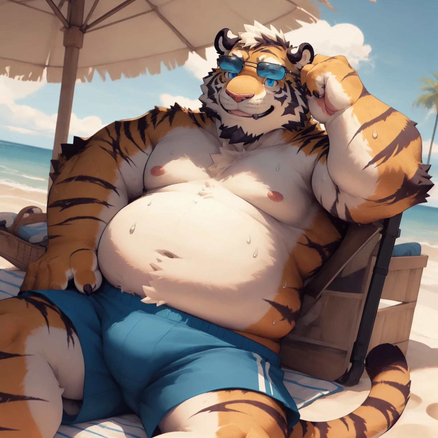 New Jersey 5 Furry,Tiger,portrait,Exquisite, Chubby,Fat,Thick arms,Rugged muscles,Topless,Plush fur,Chubby脸,Black eyebrows,Sky blue eyes,Beard,shorts,beach,lie,sunglasses,shorts,sweat,Smile