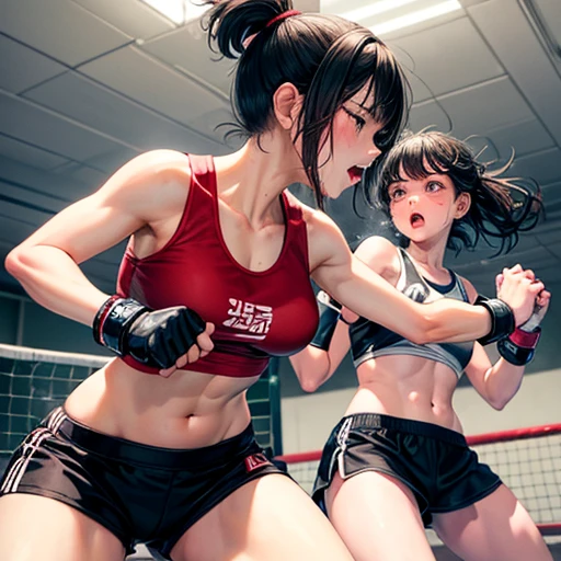 Cute high school girl, slender body, cornered in a mixed martial arts ring, being punched by an opposing female fighter, twisting, eyes closed, face turned away, arms protecting face. Distressing situation, very sweaty, out of breath, short black hair, poor body, small breasts, sports bra, high leg shorts, open finger gloves