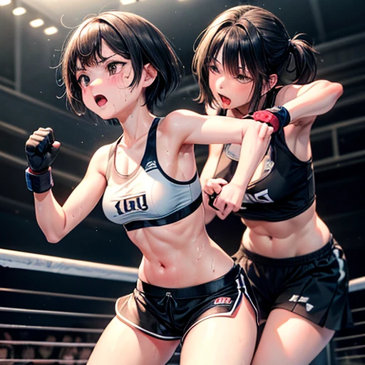 Cute Japanese high school girl with short-cut black hair is punching an opposing female athlete during a match in a women's mixed martial arts ring, impatient, slender body, out of breath with mouth open, very sweaty and soaked, poor body, small breasted sports bra, high leg shorts, open finger gloves