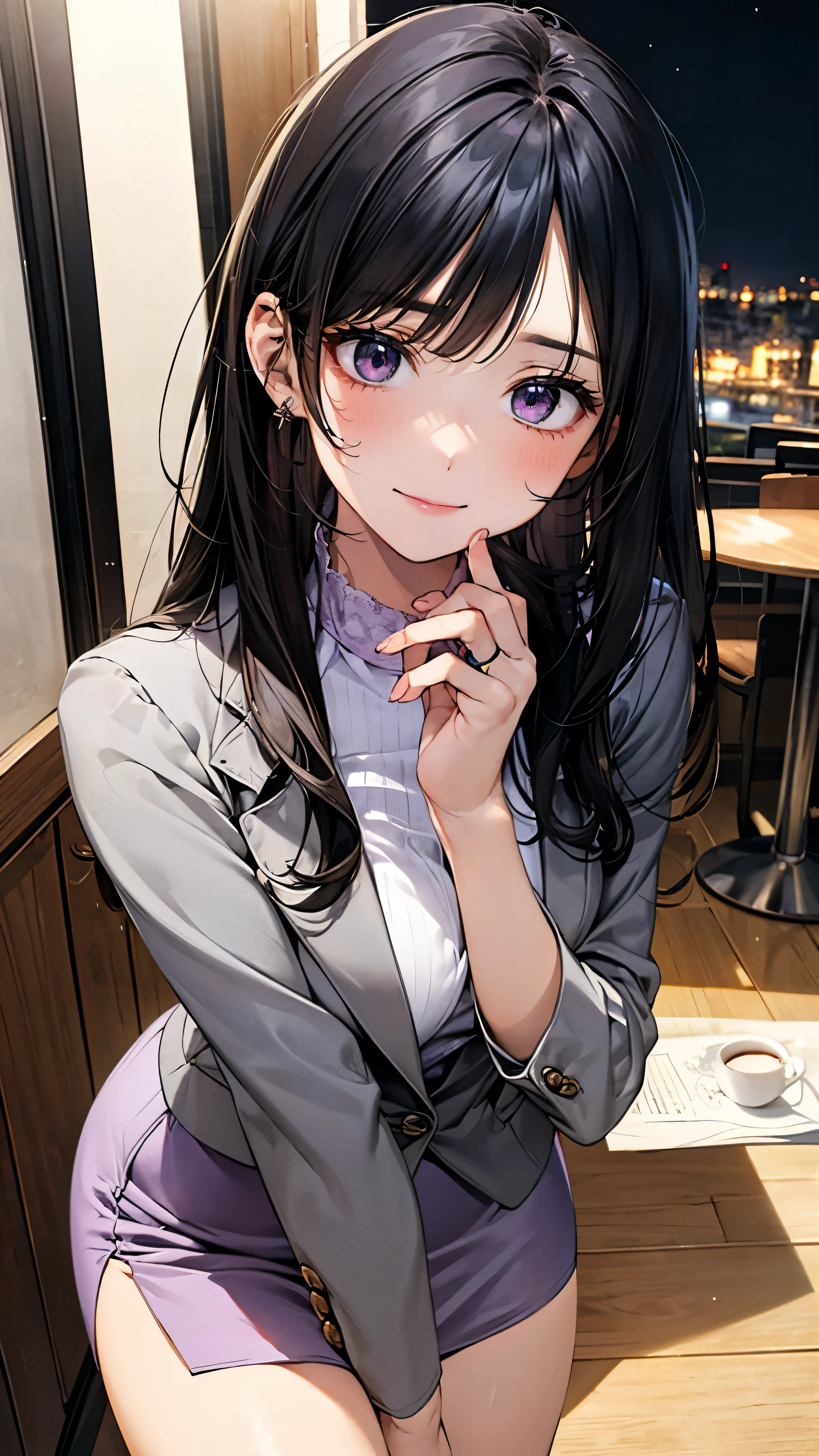 (masterpiece:1.2, Top quality), (Practical, photoPractical:1.4), Nice illustration, (Natural side light, Movie Lighting),
Looking at the audience, 1 girl, Japanese, 17 years old, Perfect face, Perfect body, Cute and symmetrical face, Glowing skin, baby face,
(Long hair, Straight Hair, Long sideburns, Black Hair), side fringe, Deep purple eyes, (Medium Breast, Attractive thighs), perforation,
beautiful hair, Pretty Face, Beautiful and delicate eyes, Beautiful clavicle, Beautiful Body, Beautiful breasts, Beautiful thighs, Beautiful legs, Beautiful fingers,
(((Grey business jacket, Close up of clothes), Light purple collar shirt, Gray tight skirt), engagement ring),
(Beautiful scenery), night, (Coffee Shop), permanent, (Lovely smile, Upper Eye),