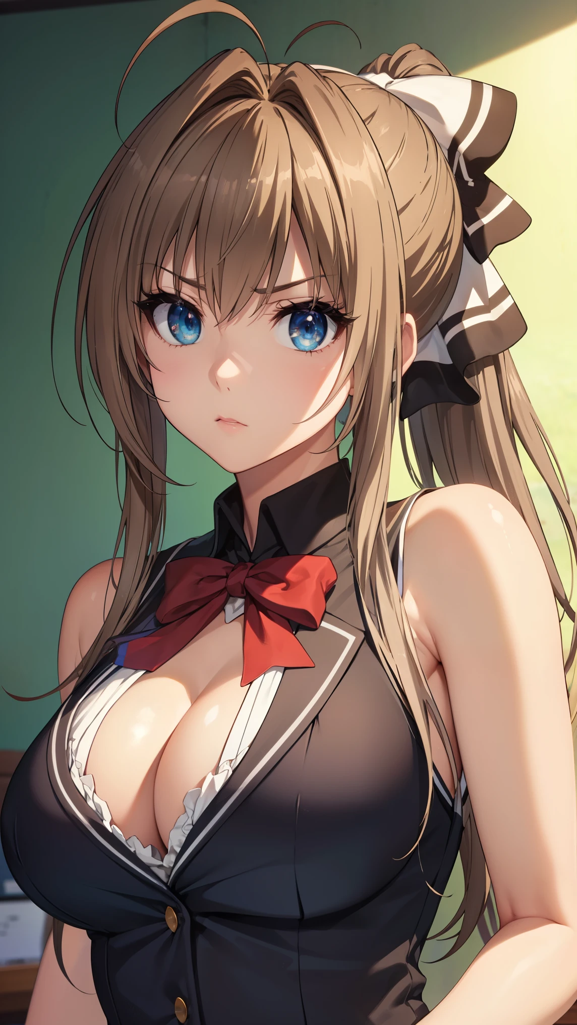 SentoIsuzu,brown hair, brown eyes, long hair, antenna hair, ponytail, hair bow,large breast,
BREAK (school uniform , bare shoulders:1.2),
BREAK angry looking face、Shyness、up chest、solo,、breastsout(camel's toe)、highleg,
BREAK (masterpiece:1.2), best quality, high resolution, unity 8k wallpaper, (illustration:0.8), (beautiful detailed eyes:1.6), extremely detailed face, perfect lighting, extremely detailed CG, (perfect hands, perfect anatomy),