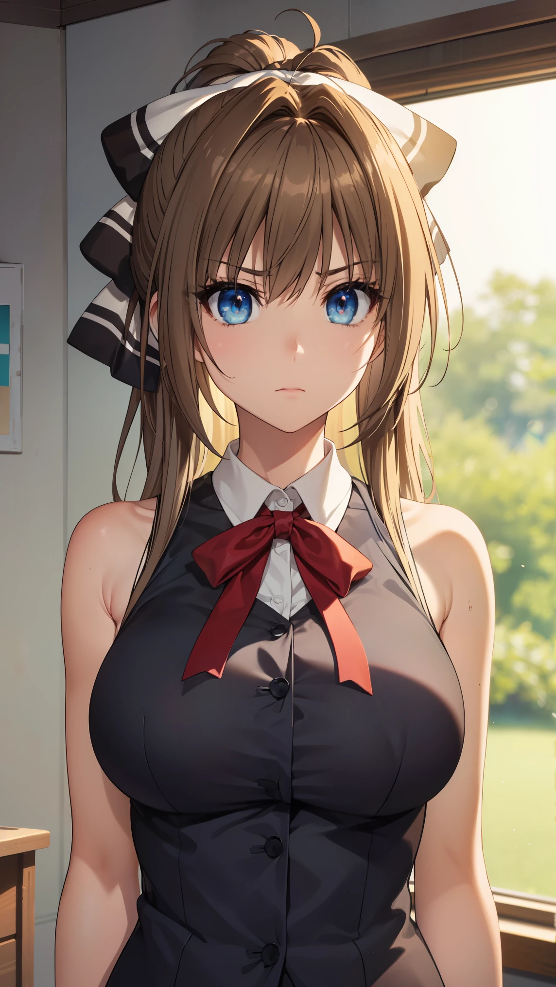 SentoIsuzu,brown hair, brown eyes, long hair, antenna hair, ponytail, hair bow,large breast,
BREAK (school uniform , bare shoulders:1.2),
BREAK angry looking face、Shyness、up chest、solo,、breastsout(camel's toe)、highleg,
BREAK (masterpiece:1.2), best quality, high resolution, unity 8k wallpaper, (illustration:0.8), (beautiful detailed eyes:1.6), extremely detailed face, perfect lighting, extremely detailed CG, (perfect hands, perfect anatomy),