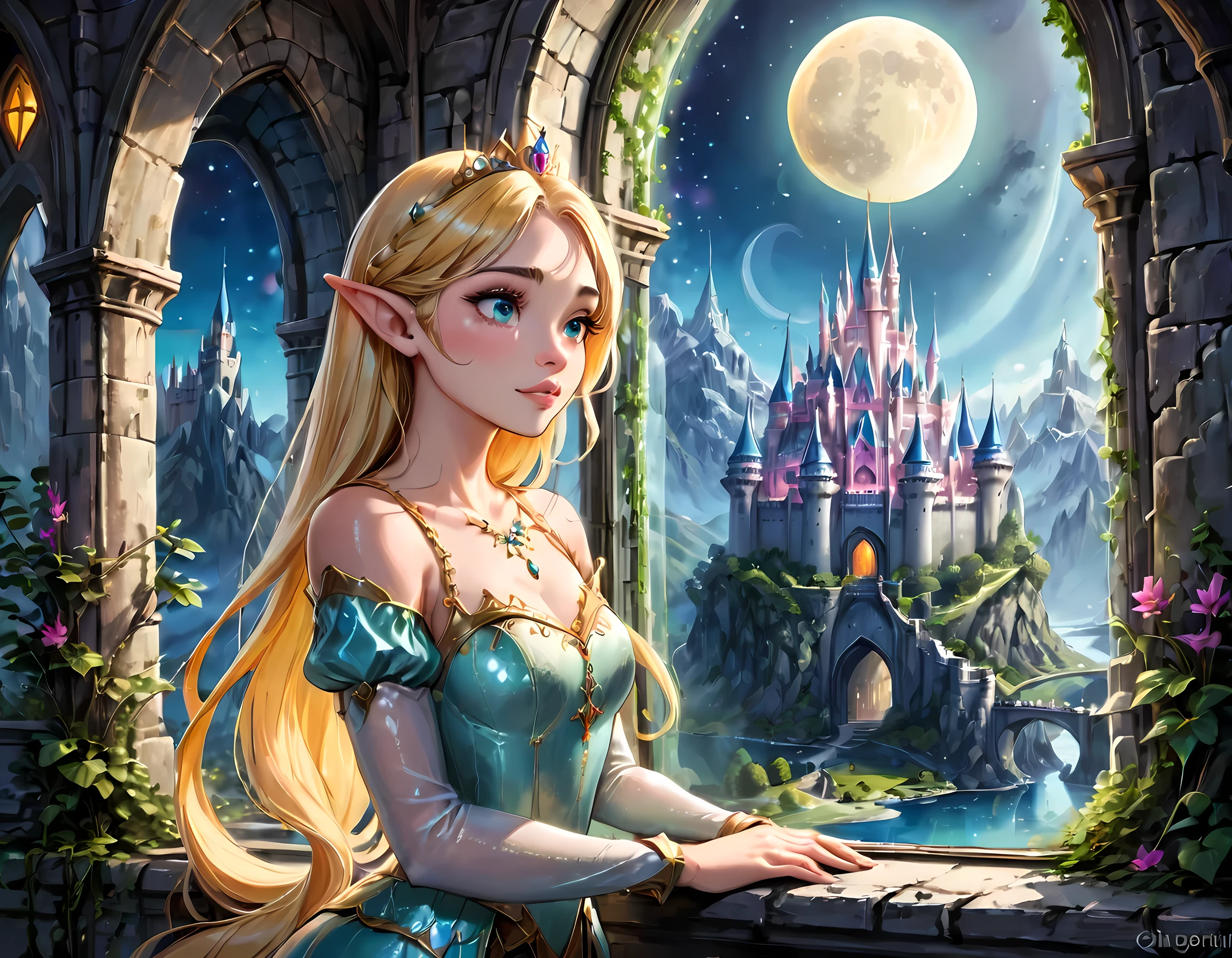 fantasy art, RPG art, a portrait picture of a (beautiful human princess: 1.2) looking through her window at a magical castle, a beautiful elven princess looking through her window to see a magical castle, an impressive best detailed castle, with towers, bridges, a moat, standing on top of a mountain, moon, colouredglazecd_xl, BJ_Full_Moon