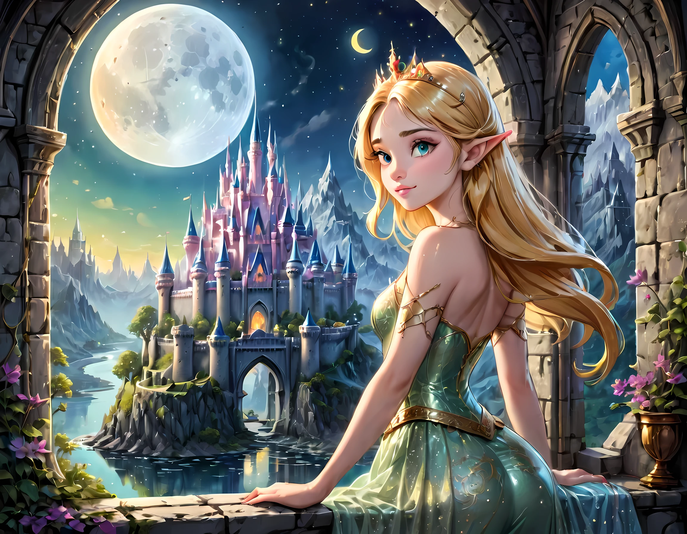 fantasy art, RPG art, a portrait picture of a (beautiful human princess: 1.2) looking through her window at a magical castle, a beautiful elven princess looking through her window to see a magical castle, an impressive best detailed castle, with towers, bridges, a moat, standing on top of a mountain, moon, colouredglazecd_xl, BJ_Full_Moon