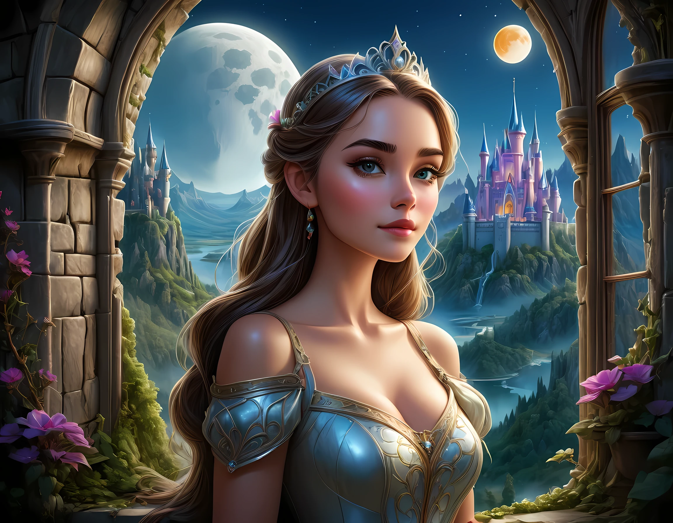 fantasy art, RPG art, a portrait picture of a (beautiful human princess: 1.2) looking through her window at a magical castle, a beautiful elven princess looking through her window to see a magical castle, an impressive best detailed castle, with towers, bridges, a moat, standing on top of a mountain, moon, colouredglazecd_xl, BJ_Full_Moon