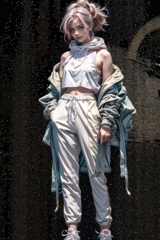 highest quality, Very detailed, masterpiece, 1 person,woman,(((完璧なwomanの体))),Very beautiful face, Very beautiful body,Gentle expression, Very beautiful eyes,(Perfect Makeup:1.1),Fashion Model,Cyberpunk Fashion,Chignon Hair,Shaggy Hair,Fluorescent pink and blue hair:1.3, Very thin body,Smart Abs,Gradation,Spacesuit,Two-tone high-top sneakers,A kind smile,Full body portrait,(Street background:1.3), (Shiny skin),(Earrings),Monogram pattern,Gradation,shawl,