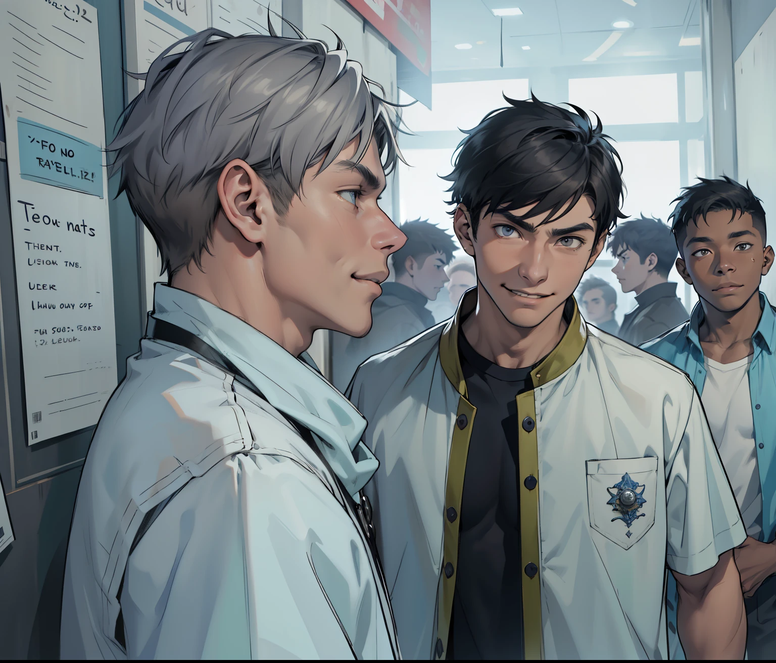 There are two -yeld meThe boy is talking to him. He asks him if he is okay. He has a malicious mischievous look. He is smiling mockingly.