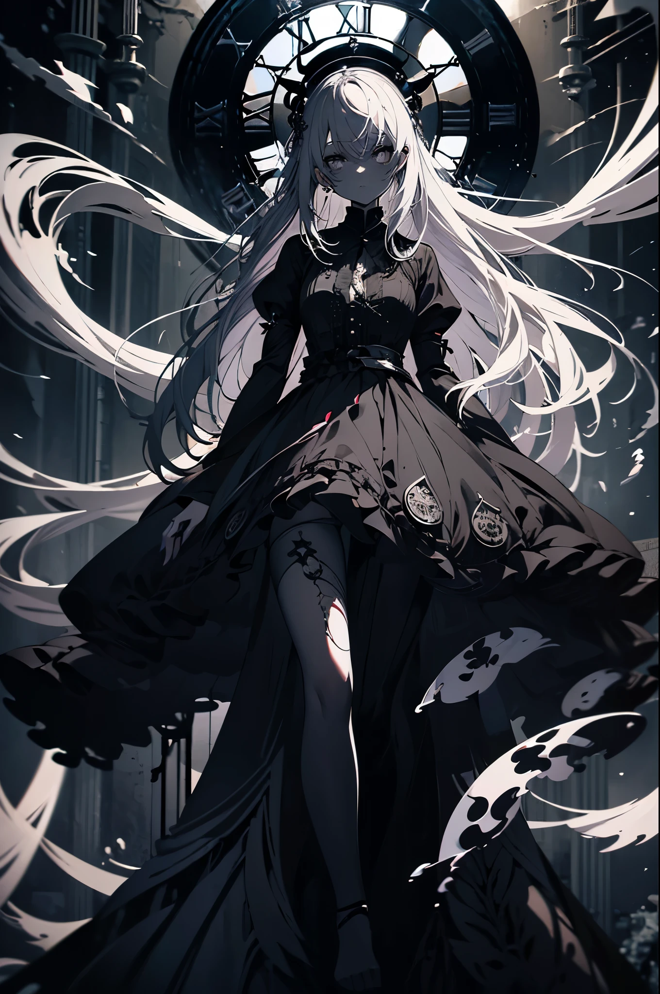 Very long gray hair、Dark eyes、Expressionless、Floating girl、Gothic clothing，(Cool illustration:1.5)、（whole body：1.6），transparent feet、Black and white background　，Redraw Surface，Poker face， There is a big clock behind，The ruined temple，Perish，The End，fantasy,