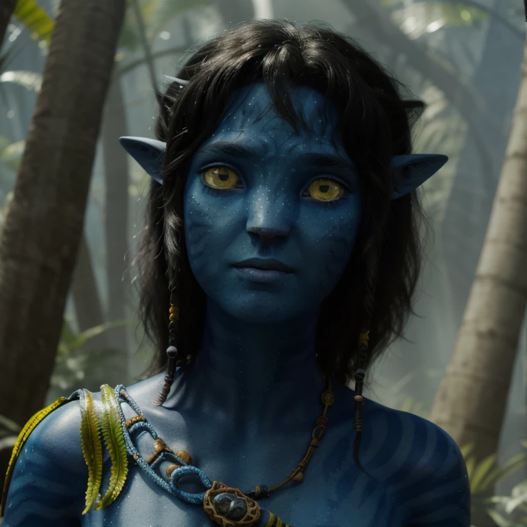avtr:1.1, avatar style, portrait:1.6, 1girl, female, (AvKiri), (blue skin tone:1.0), (long curly hair:1.0), black hair color, yellow eyes, (young adult), 18 years old:1, face wrinkles, wearing tribal clothing, detailed eyes, toned body, muscled body, vibrant colors, glowing, ethereal atmosphere, surrealistic dreamy lighting, textured skin, otherworldly beauty, mesmerizing photography, (best quality, highres), vivid colors, ultrarealistic, skin details, striped skin, sfw, face close-up:0.5, ultradetailed body