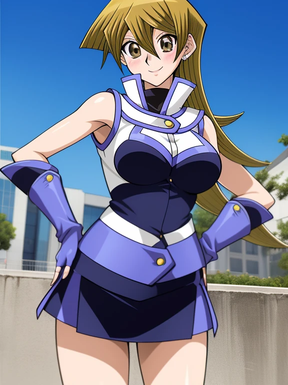 Tenjoin Asuka, One girl, tenjouin asuka, Duel Academy Uniform (Yu-Gi-Oh! Guks), alone, gloves, skirt, fingerless gloves, Huge_chest, s, Open your mouth, miniskirt, blue gloves, No sleeve, Underarm, elbow gloves, blue skirt, blue sky,
blush, smile,
masterpiece, expensive quality, very_expensive_solve, big_file size, Full Color,