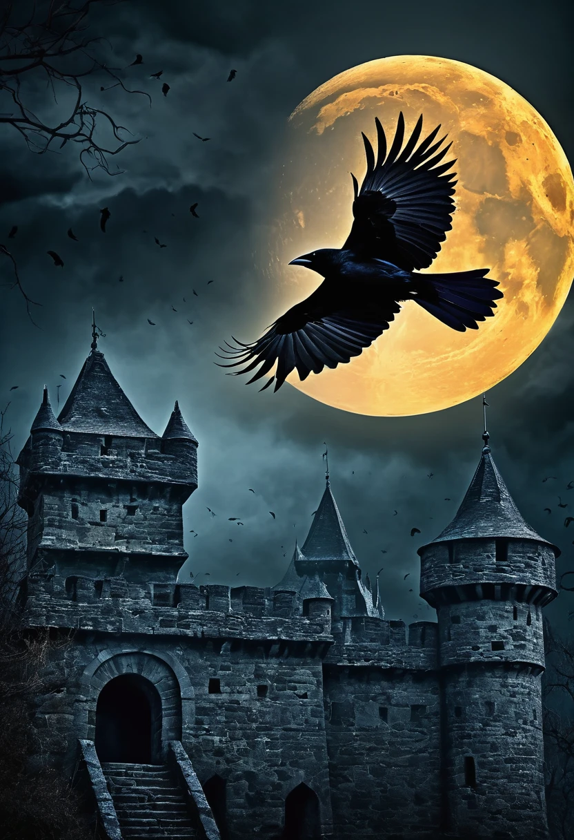 (best quality, high resolution, Terror Castle,Dark atmosphere,moon,crow