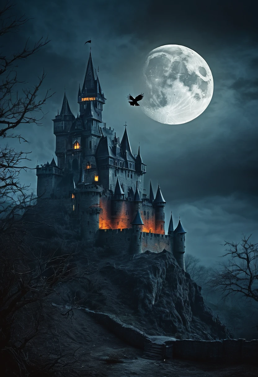(best quality, high resolution, Terror Castle,Dark atmosphere,moon,crow