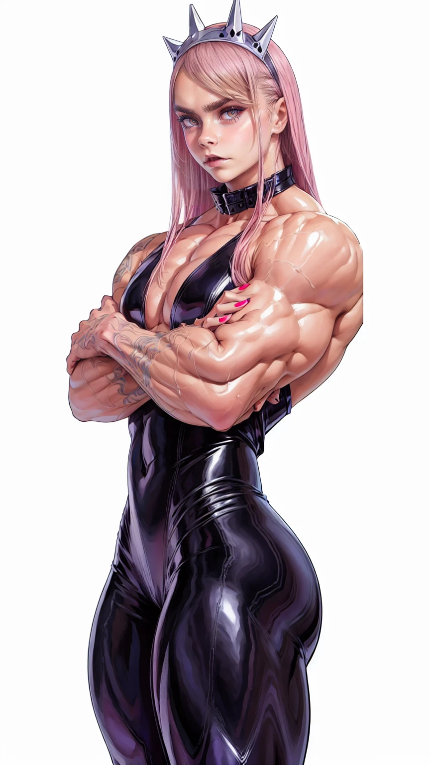 (1 girl:1.25), (cara delevingne:1.25), young girl, masculine physique, seductive face, seductive look, long pink hair, perfect muscular body, fit body, super skinny legs, ,tight latex pants, sissy, femboy, (huge muscular arms:1.25)