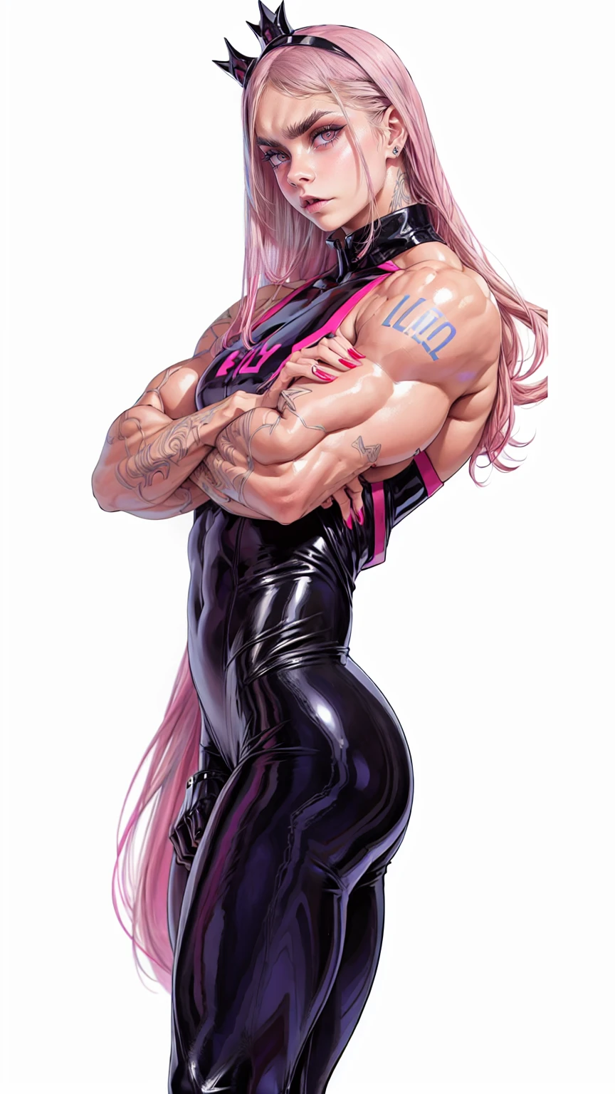 (1 girl:1.25), (cara delevingne:1.25), young girl, masculine physique, seductive face, seductive look, long pink hair, perfect muscular body, fit body, super skinny legs, ,tight latex pants, sissy, femboy, (huge muscular arms:1.25)