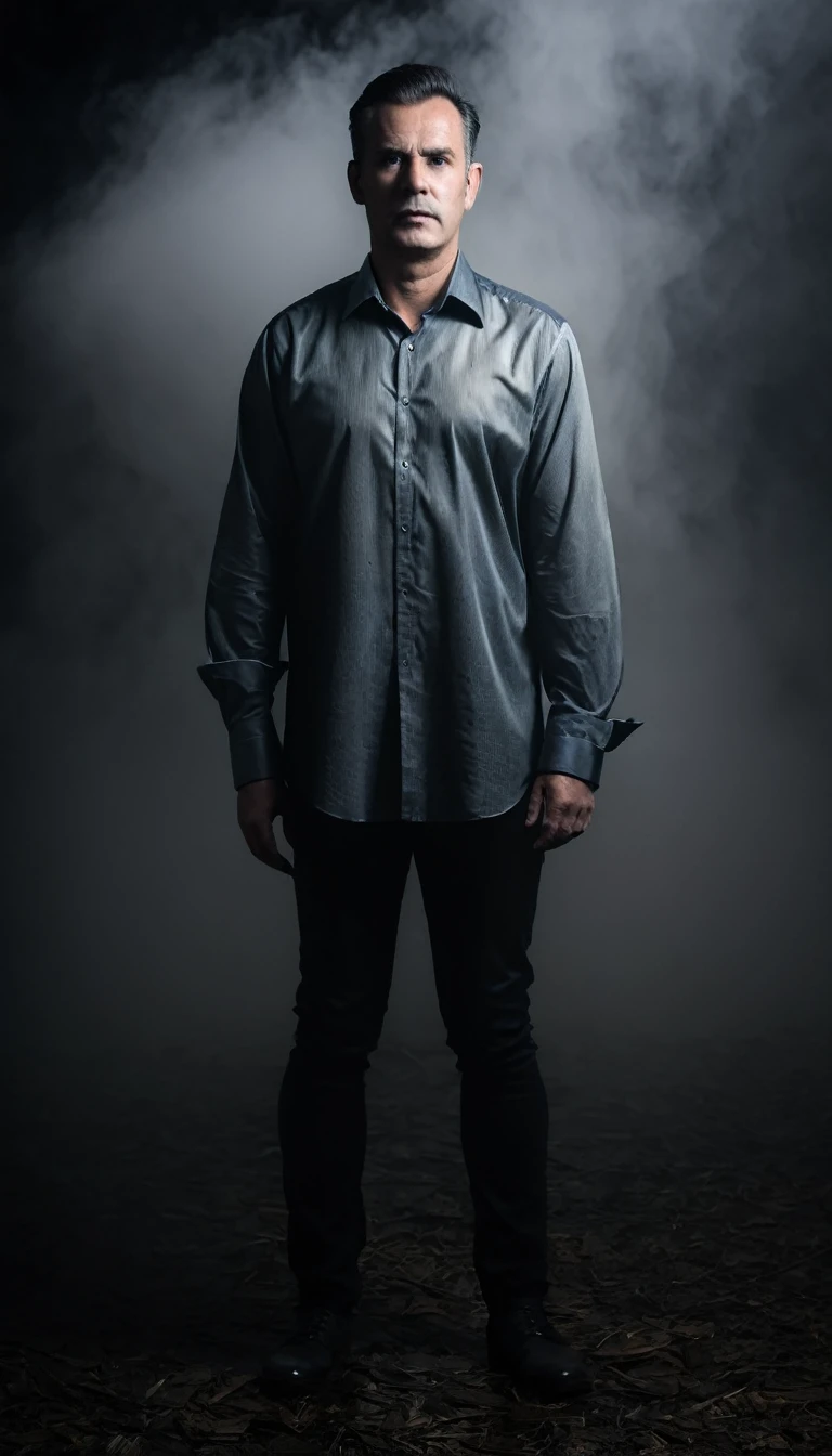 A man wearing rich shirt, in a gloomy dark area, mist, full body portrait 