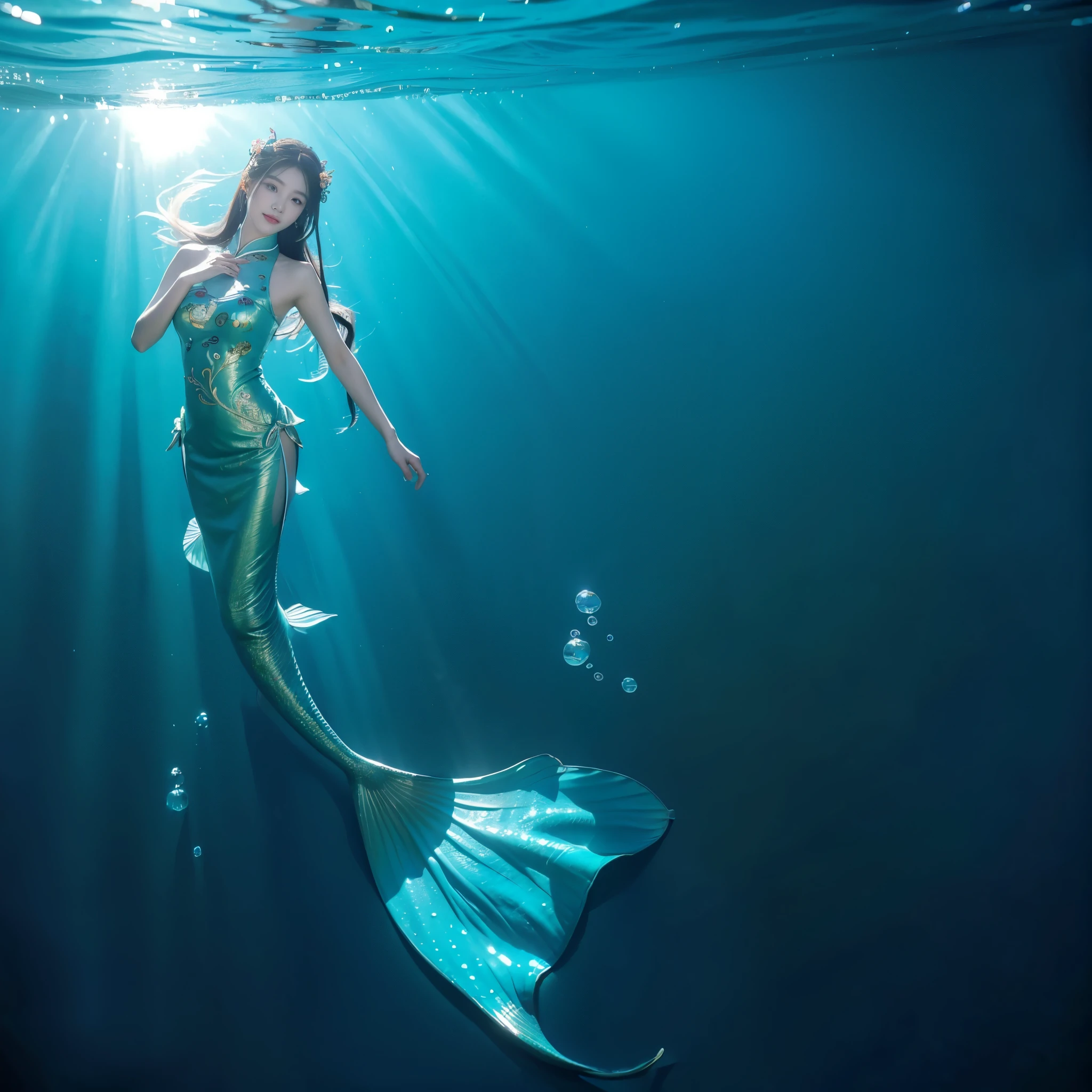 UHD, masterpiece, anatomically correct, textured skin, super detail, high details, high quality, best quality, highres,16k,((A Chinese woman, mermaid, Chinese clothing:1.1))，((中国传统服饰The ribbon flowes)),Underwater Photography，Smiling face，The ribbon flowes，Perfect face,Correct body proportions,Very delicate and flowing hair,Photorealism,Sunlight penetrates the shallow sea,Beautiful hands,Beautiful fingers,Detailed finger features,detailed clothes features,Detailed hair features,Detailed facial features,Detailed underwater bubble features,Very refined depth of field,Dreamy and soft。