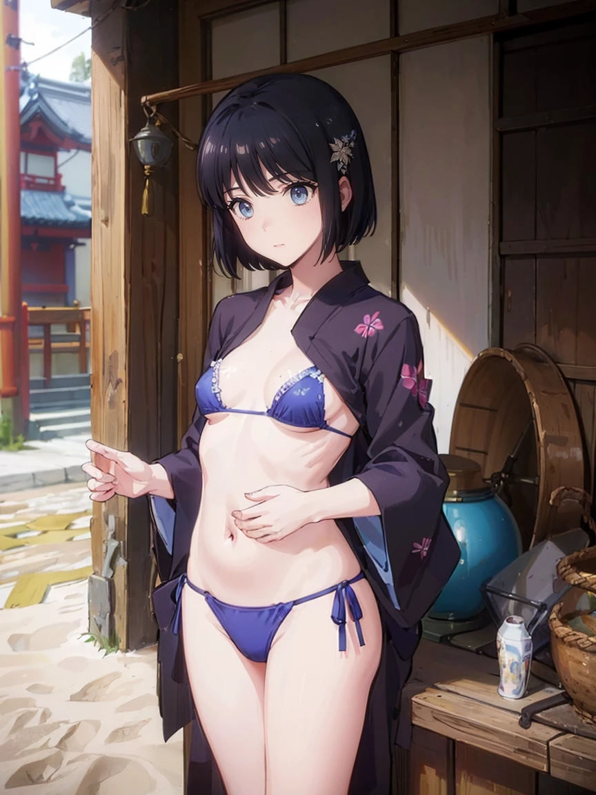 woman,Full body photo, ((on the beach. ))) Best image quality, high quality, The background is clear,きれいなwoman, Japanese, detailed, detailed eyes, detailed skin, Beautiful Skin, 超High resolution, (reality: 1.4),とても美しいwoman, A little younger face, Beautiful Skin, thin, (Ultra-photorealism), (High resolution), (8k), (非常にdetailed) (Beautiful and detailed eyes), (非常にdetailed), (detailed face), Displaying the viewer, Fine details, detailed face, Staring straight ahead, Staring straight ahead, Photo Real, Baby Face,Hairstyle: short hair,smile,(((The top is a Japanese yukata、The bottom is blue bikini, belly button、,)))(Flat chested,)(((flat chests,)))((smile,))((standing,))hair over one eye, from below,